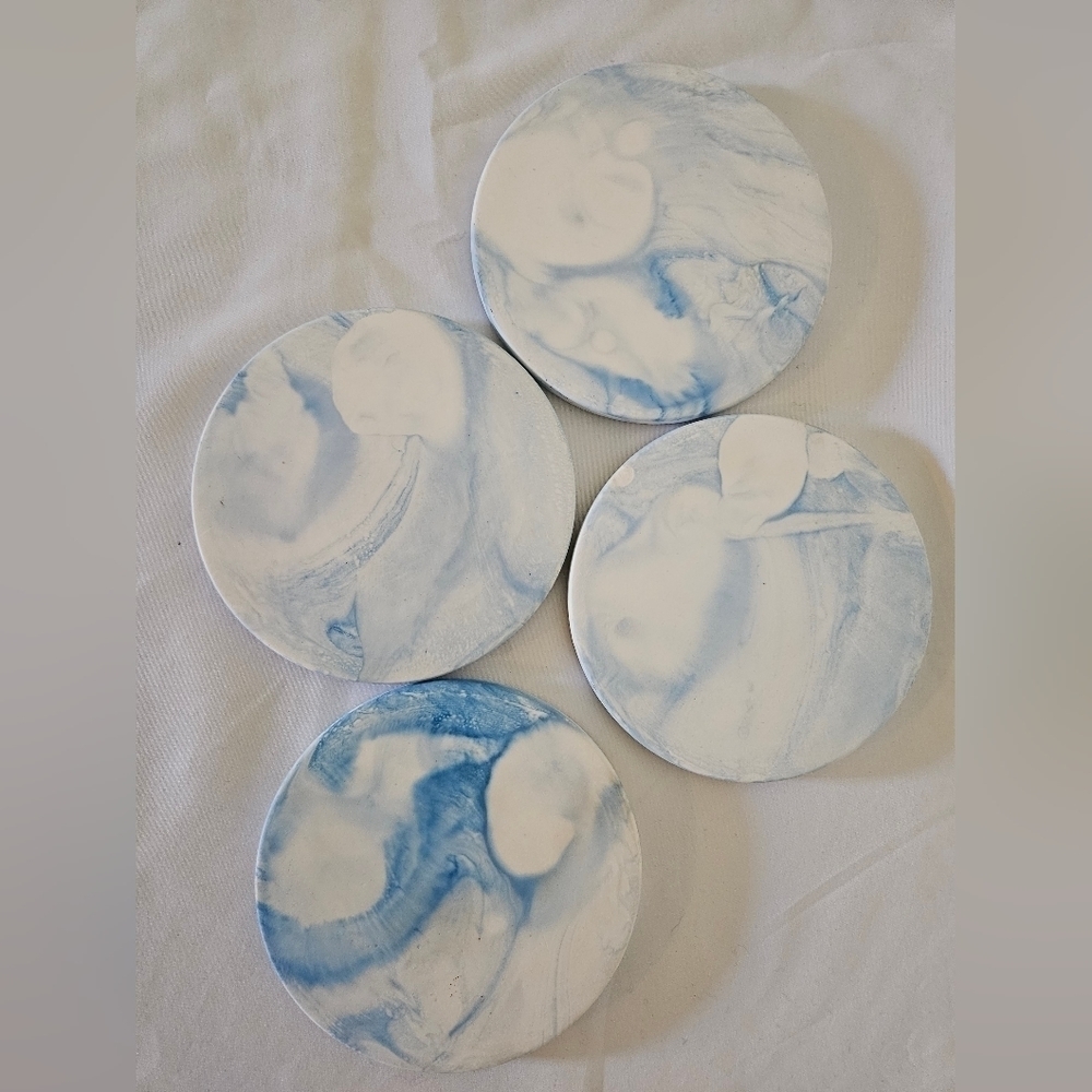 Upcycled Blue White Fluid Art Coasters Set of 4 Handmade Ceramic Circular Decor